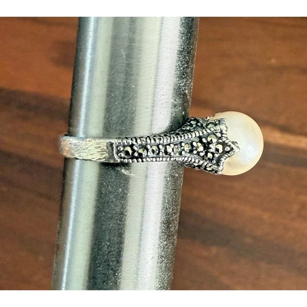 Sterling Silver Marcasite Pearl Ring Size 6.75 Vintage Art Deco Style
